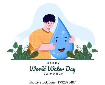 Ilustración del Día Mundial del Agua el 5 de marzo, con la gente abrazando al personaje de la mascota de la gota de agua. Feliz Día Internacional del Agua. Celebrar el Día Mundial del Agua. Adecuado para banner, afiche, tarjeta de saludo, volante.