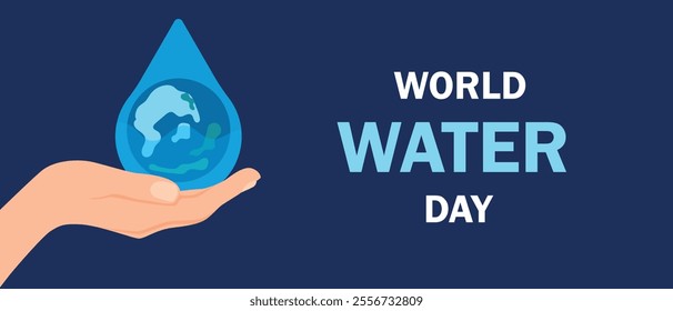 Illustration of World Water Day featuring a hand holding a water droplet with the Earth inside against a blue background.	