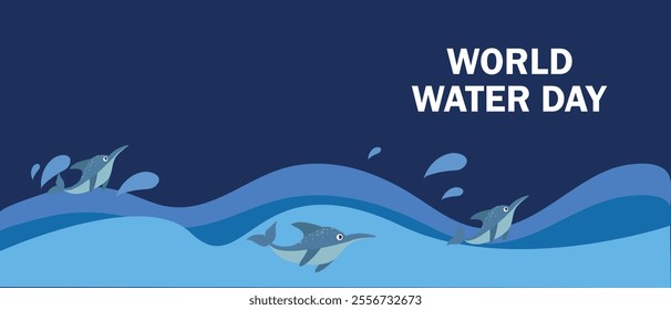 Illustration of World Water Day with three playful dolphins swimming in blue waves under a dark blue sky.