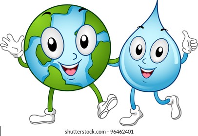 Illustration of World and Water Mascots Walking Together