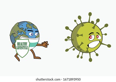 Illustration of the world wearing a mouth mask against the Corona virus with a healthy lifestyle shield. Analogy of the world's population in dealing with the Corona Virus by wearing a mouth mask.