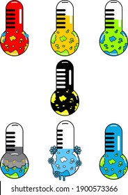 illustration of world weather temperature gauge of summer, rainy season, winter and dry season, in sweet chibi design style