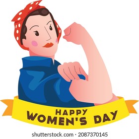 Illustration of world womens day celebration with female character clenching fist