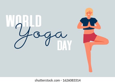 illustration of  World Yoga Day with hand lettering yoga. Female yoga. Vector illustration of beautiful cartoon woman in various poses of yoga. Celebrate Every February 22.