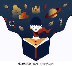 Illustration for World's Book Day. Young woman reading, imagination flowing, stories being told. Minimal work of art for presentations, ecommerce, blogs, corporate, etc.