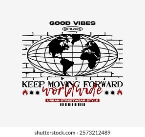 Illustration worldwide retro t-shirt design, vector graphic illustration, for streetwear and urban style t-shirts design, hoodies, etc