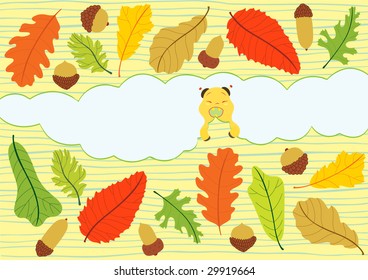 an illustration of a worm eating leaf and with varieties of leafs and nuts surround it.