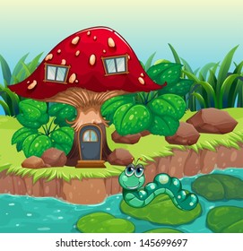 Illustration of a worm near the red mushroom house