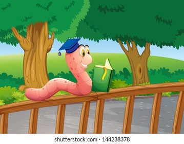 Illustration of a worm reading a book above the wooden fence