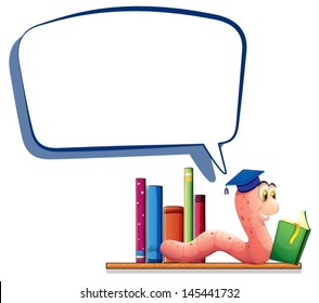 Illustration of a worm reading a book with an empty callout on a white background 