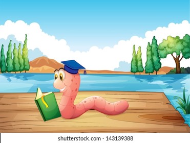 Illustration of a worm reading a book near the pond