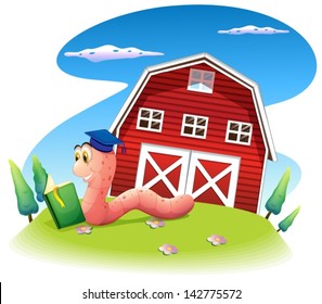 Illustration of a worm reading at the hill with a barnhouse on a white background