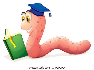 Illustration of a worm reading wearing a graduation cap on a white background