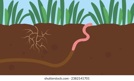 Illustration of a worm in the soil. Vector cartoon illustration.