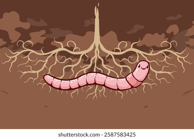 illustration of worms useful for maintaining soil fertility, cartoon style