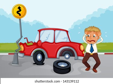 Illustration of a worried man beside his damaged car