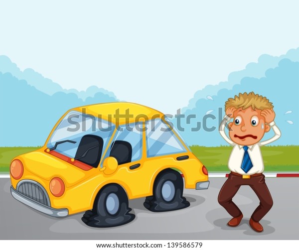 Illustration of a worried man beside his car with\
flat tires