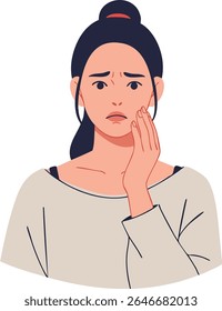 Ilustração de uma jovem preocupada tocando sua face dolorosa, expressando desconforto e ansiedade com um fundo neutro. O clima está preocupado e inquieto.