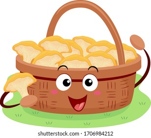 Illustration of a Woven Basket Mascot Full of Chanterelle Mushrooms from Picking