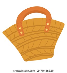 Illustration einer gewebten Strohtasche, für den Strand oder Sommer Picknick. Ein isoliertes Objekt zur Aufbewahrung von Strandartikeln, Picknicknahrung und mehr. Umweltfreundliche Lagerung. Plastikfrei, die Erde pflegend