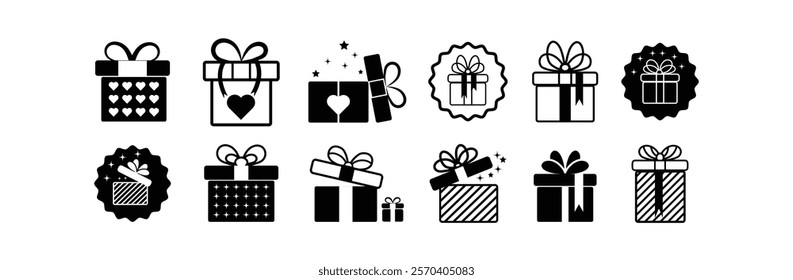Illustration of a wrapped present box icon (line drawing). gift box with ribbon icon.