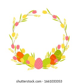 illustration of a wreath with easter eggs of green pink yellow orange and tulips on a white background. copy space. Happy Easter. For cards, design, flyers. vector