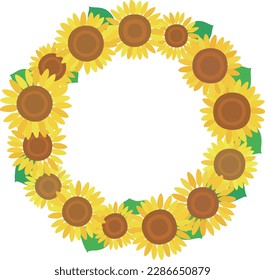 Illustration of a wreath with sunflowers and leaves arranged in a circle