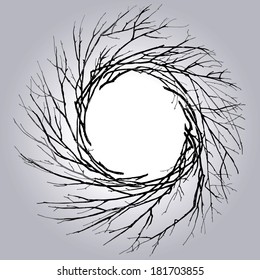 Illustration of wreath of twigs without leaves and has a gothic true occult character. Hand drawn vector theme for illustration, cover or wallpaper