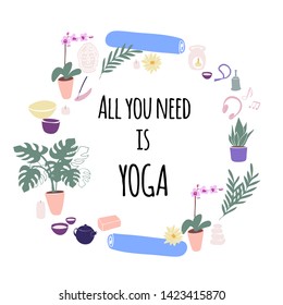 illustration wreath Yoga with candles, yoga mat, aroma lamp, orchid, lotus, rosary, buddha, teapot and cups in cartoon style . Vector.