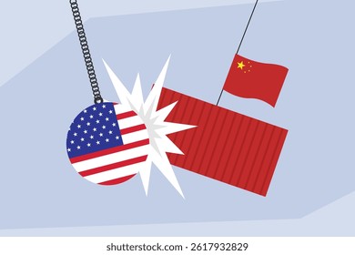 Illustration of a wrecking ball patterned with the US flag colliding with a shipping container near a Chinese flag, symbolizing trade conflict or economic tension between the United States and China