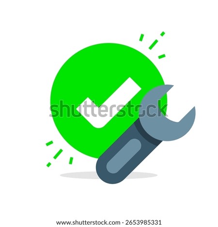 Illustration of wrench and check mark. successful repair, completed maintenance, or resolved technical issues. for concepts of system fix, mechanical service done or software troubleshooting complete