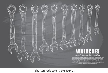 illustration of wrenches set on chalkboard. vintage style