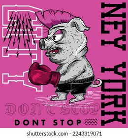 Illustration wrestler Pig Punk text New York City and thunder College Varsity style