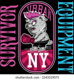 Illustration wrestler Pig Punk text Urban Survivor Equipment New York Cartel Retro College Varsity Style