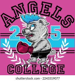 Illustration wrestler Pig Punk with text Angels College And ribbon, Varsity style