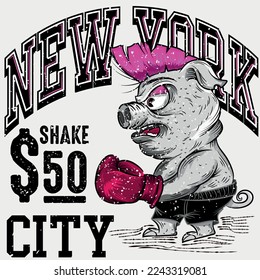 Illustration wrestler Pig Punk text New York Cartel Retro College Varsity Style