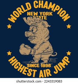 Illustration wrestler Pig Punk text World Champion New York T-shirt Design College Varsity style