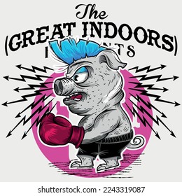 Illustration wrestler Pig Punk text Great Indoors and thunders College Design,