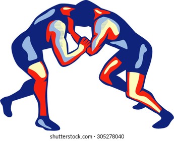 Illustration of wrestlers freestyle wrestling viewed from side on isolated background done in retro style.