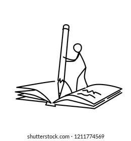 Illustration of a writer writing in a notebook. Vector. The teaching is light. Metaphor. Linear style. Illustration for website or poster. Records and notes.