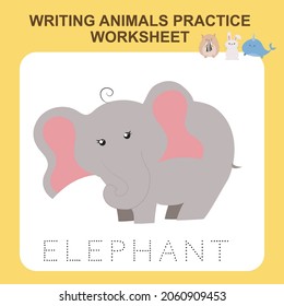 Illustration of writing animals practice worksheet. Educational printable worksheet. Exercises lettering game for kids. Vector illustration.
