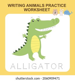 Illustration of writing animals practice worksheet. Educational printable worksheet. Exercises lettering game for kids. Vector illustration.
