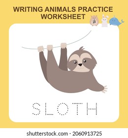 Ilustración de la escritura de animales práctica hoja de cálculo. Hoja de cálculo imprimible educativa. Ejerce el juego de cartas para los niños. Ilustración vectorial.
