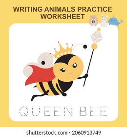 Illustration of writing animals practice worksheet. Educational printable worksheet. Exercises lettering game for kids. Vector illustration.