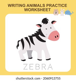 Ilustración de la escritura de animales práctica hoja de cálculo. Hoja de cálculo imprimible educativa. Ejerce el juego de cartas para los niños. Ilustración vectorial.