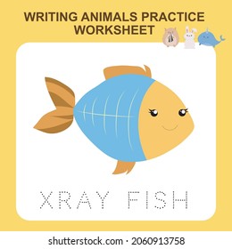 Illustration of writing animals practice worksheet. Educational printable worksheet. Exercises lettering game for kids. Vector illustration.