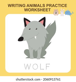 Illustration of writing animals practice worksheet. Educational printable worksheet. Exercises lettering game for kids. Vector illustration.