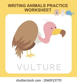 Ilustración de la escritura de animales práctica hoja de cálculo. Hoja de cálculo imprimible educativa. Ejerce el juego de cartas para los niños. Ilustración vectorial.