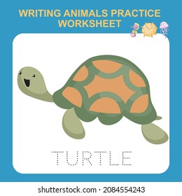 Ilustración de la escritura de animales práctica hoja de cálculo. Hoja de cálculo imprimible educativa. Ejerce el juego de cartas para los niños. Ilustración vectorial.