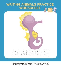 Illustration of writing animals practice worksheet. Educational printable worksheet. Exercises lettering game for kids. Vector illustration.